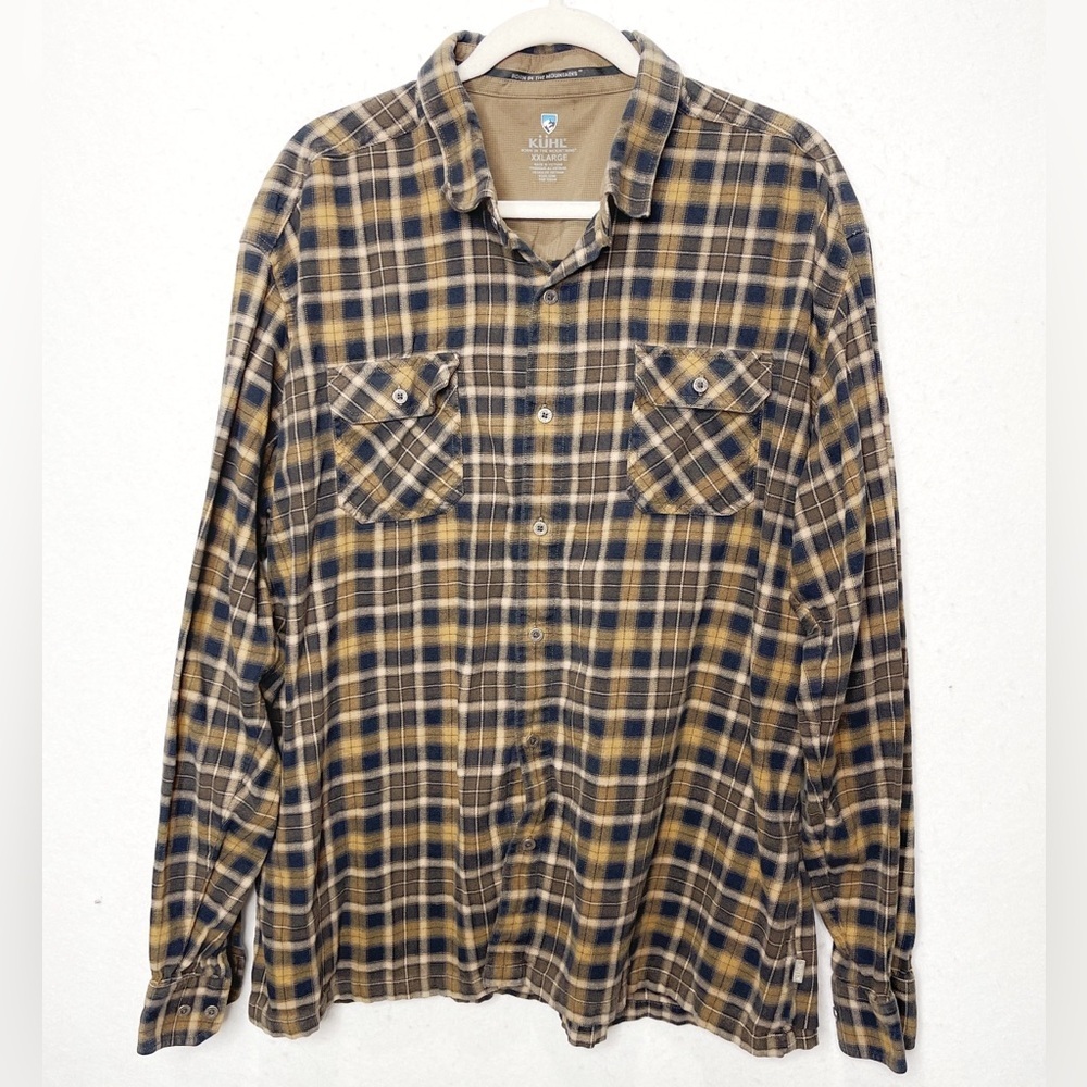 KÜHL Dillingr Long Sleeve Button Front Flannel XXL Tan Black Plaid Style 7186